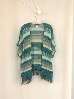 Demanding by SayWhat? Striped Open Knit Fringe Cardigan
